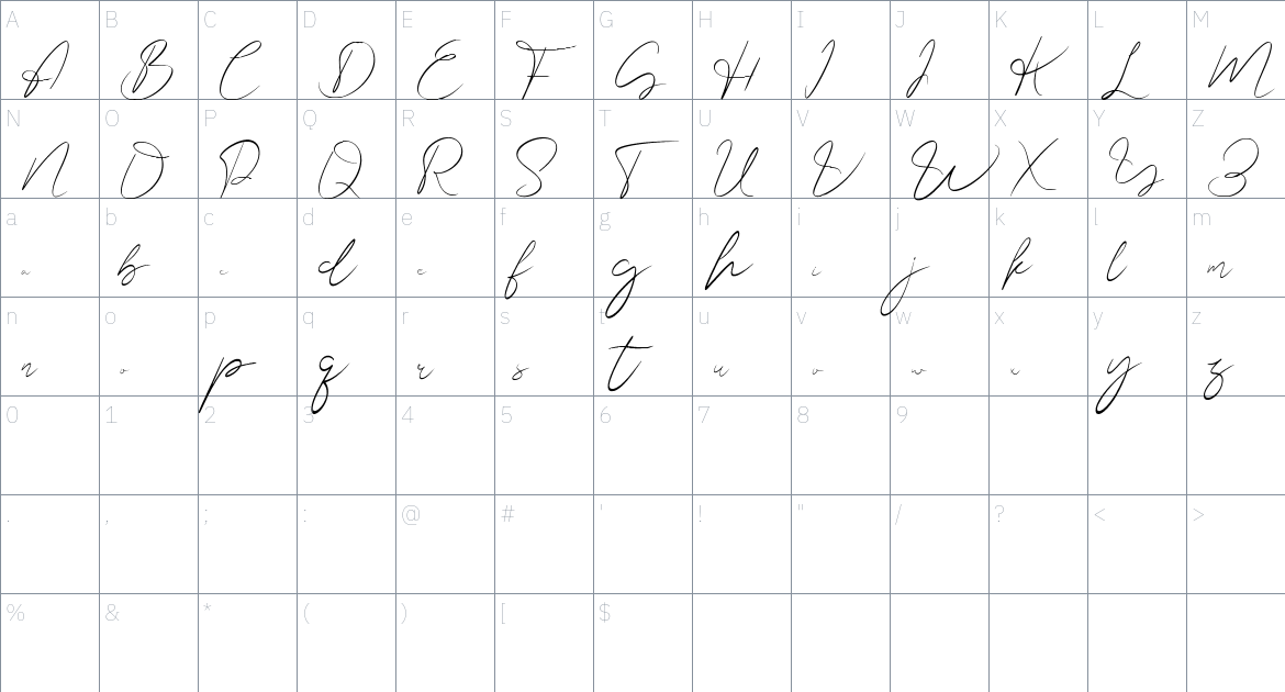 Shasta Daily font Character Map