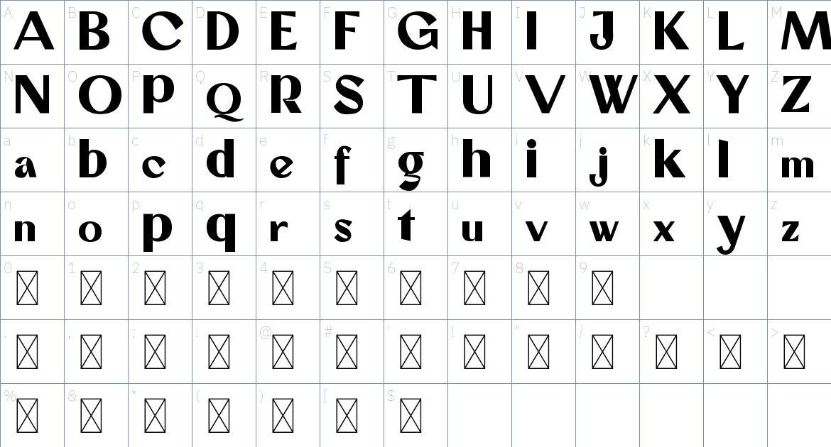 Brushnova font Character Map