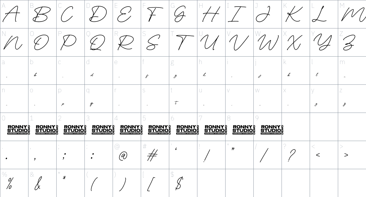 Brilian Signature font Character Map