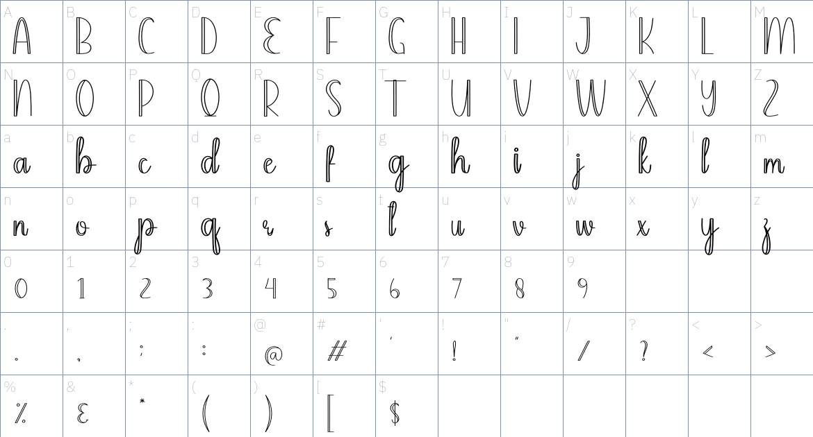 Monoline font Character Map