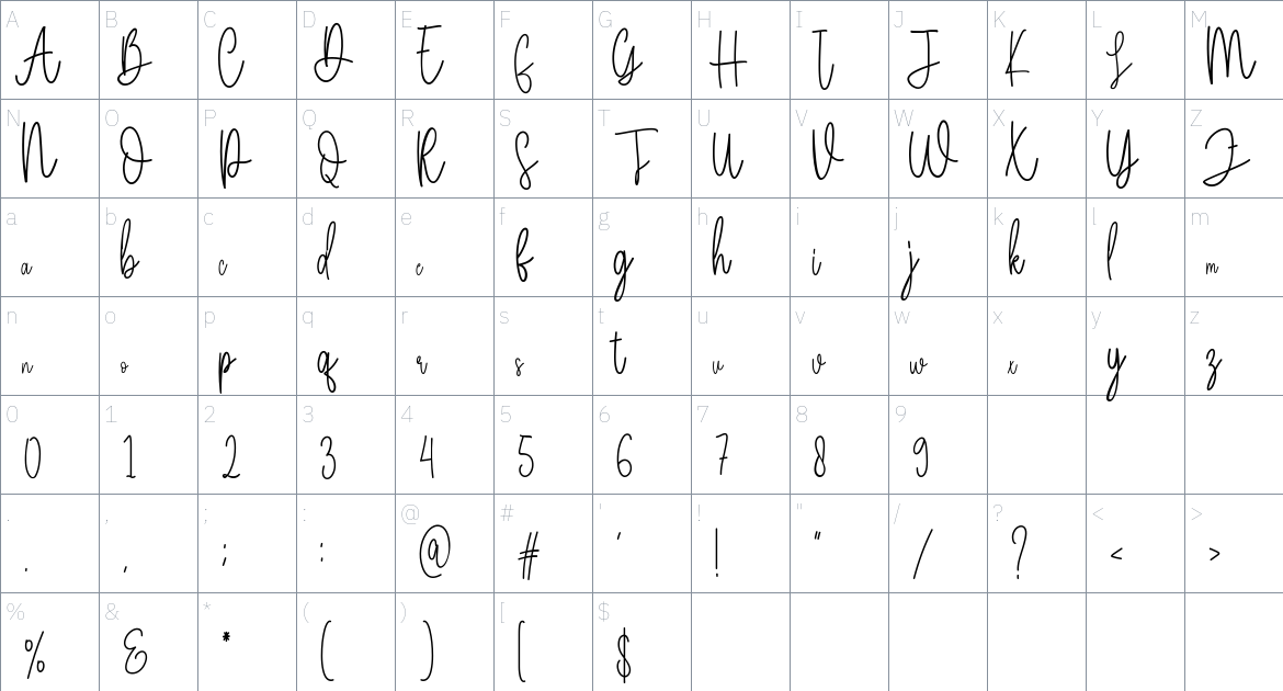 Handshow font Character Map