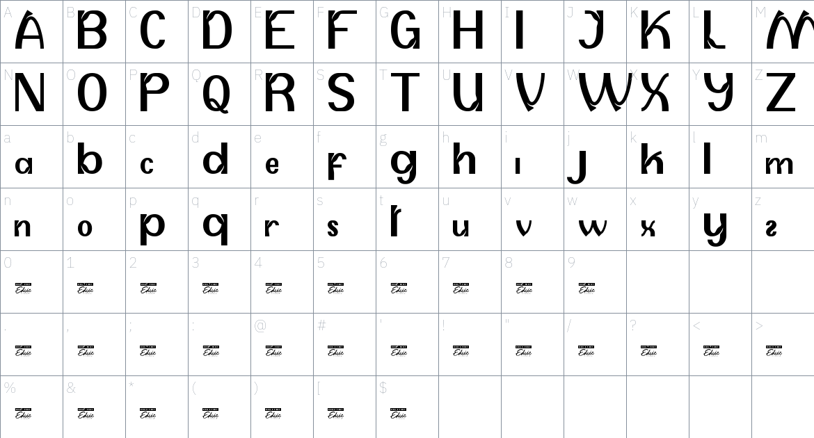 Aurastic font Character Map