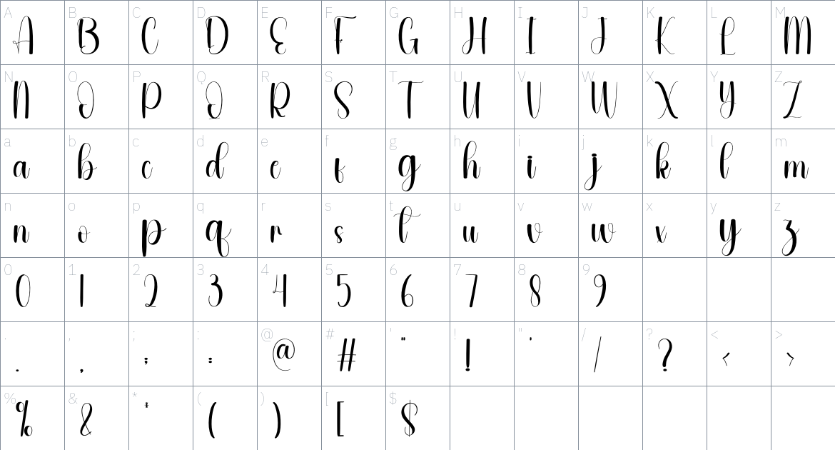 Glow font Character Map