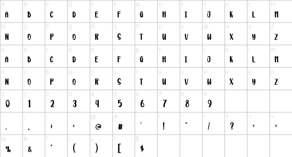 Thick Charming font Character Map