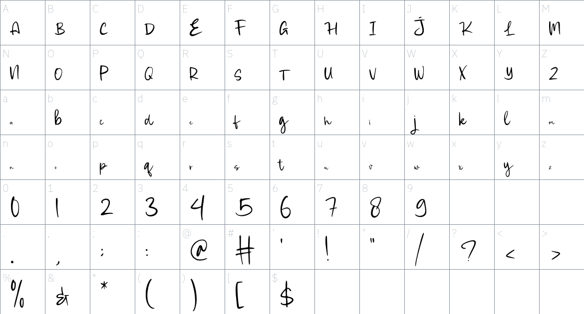 Authora Handwriting font Character Map