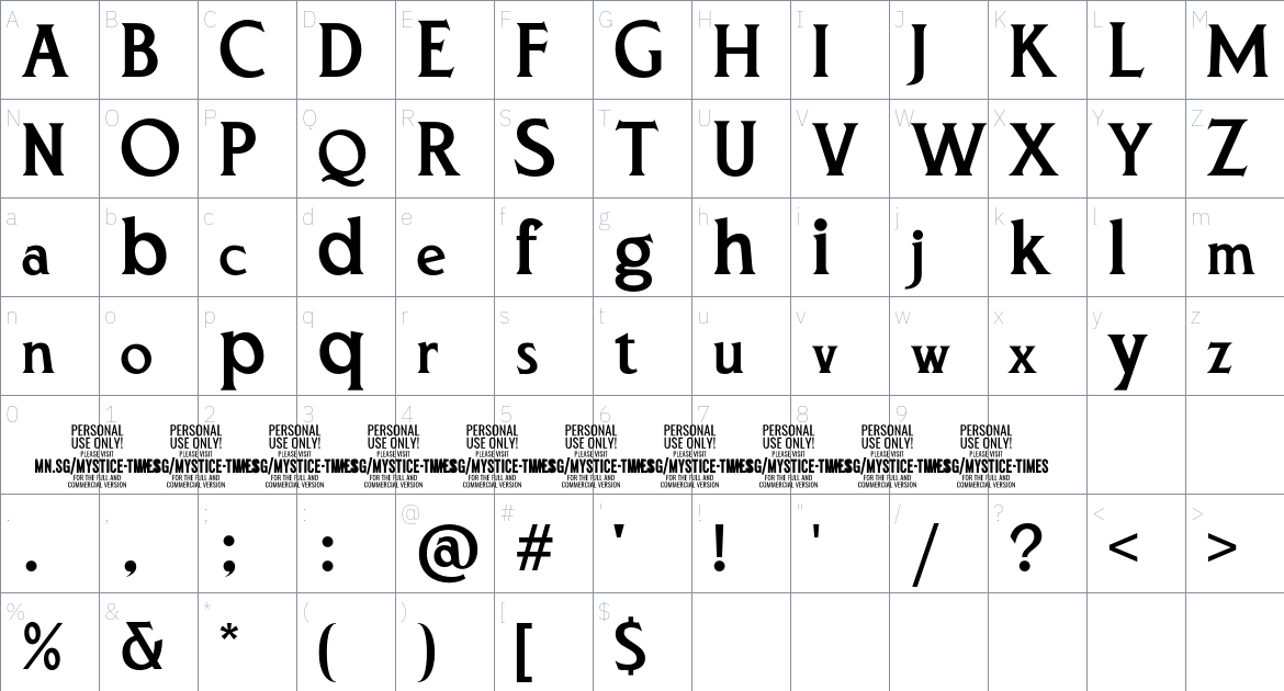 Mystice Times PERSONAL USE font Character Map