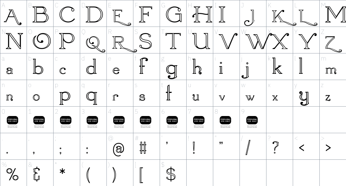 Kartex Outlined font Character Map