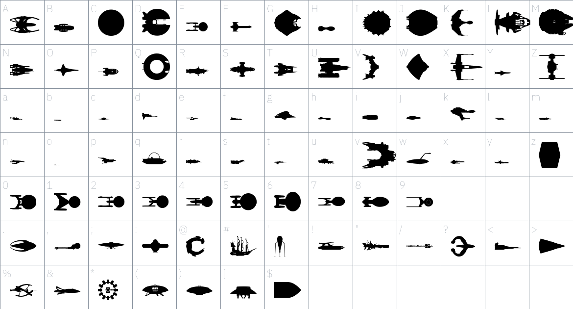 Spaceships font Character Map