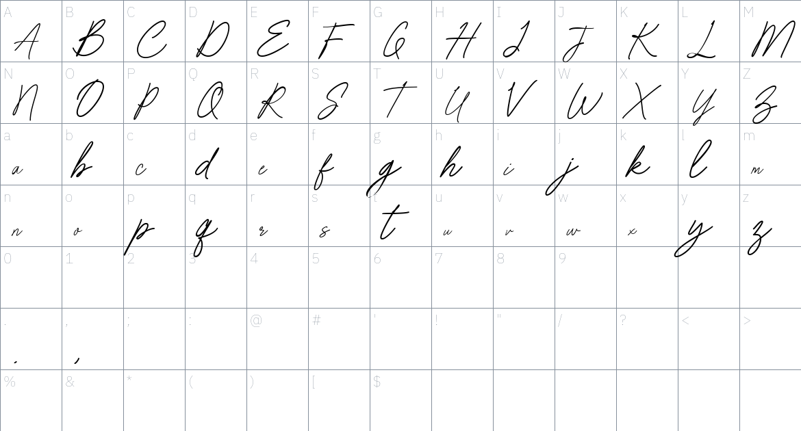 Batheny Signature font Character Map