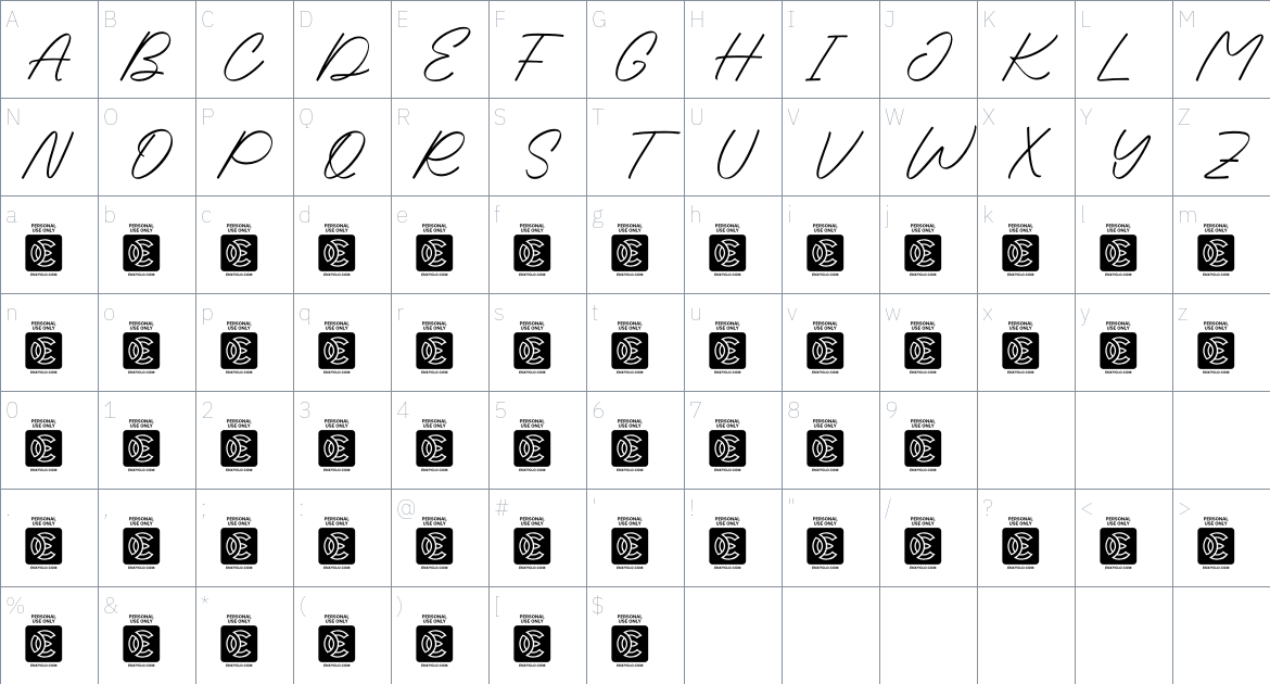 NCL Bique Kisty font Character Map