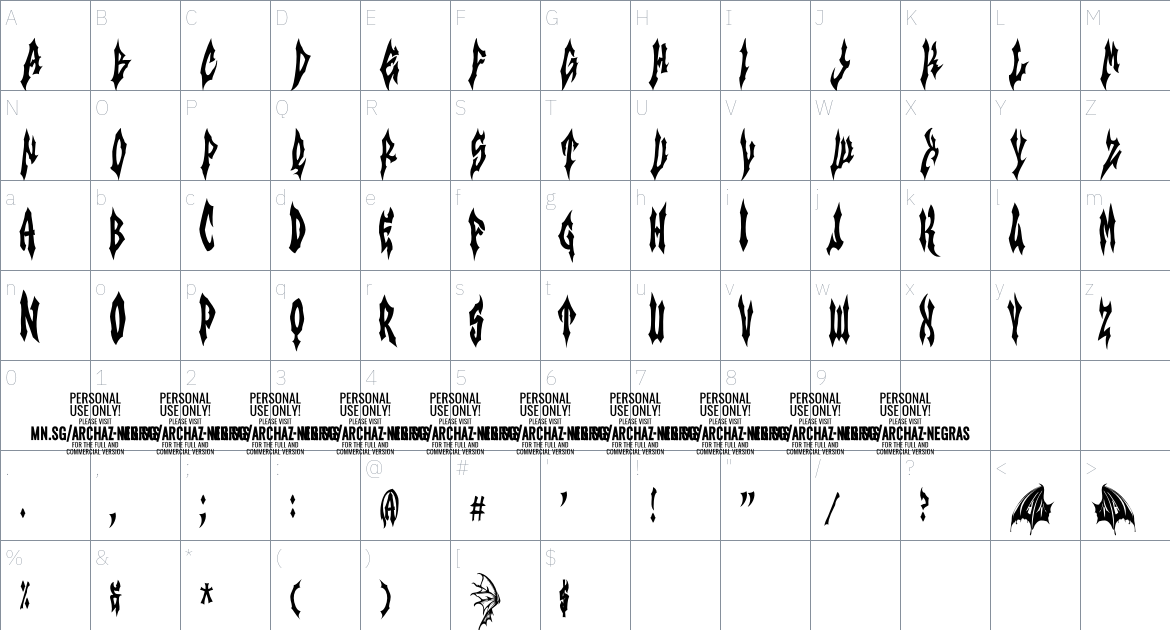 Archaz Negras PERSONAL USE font Character Map