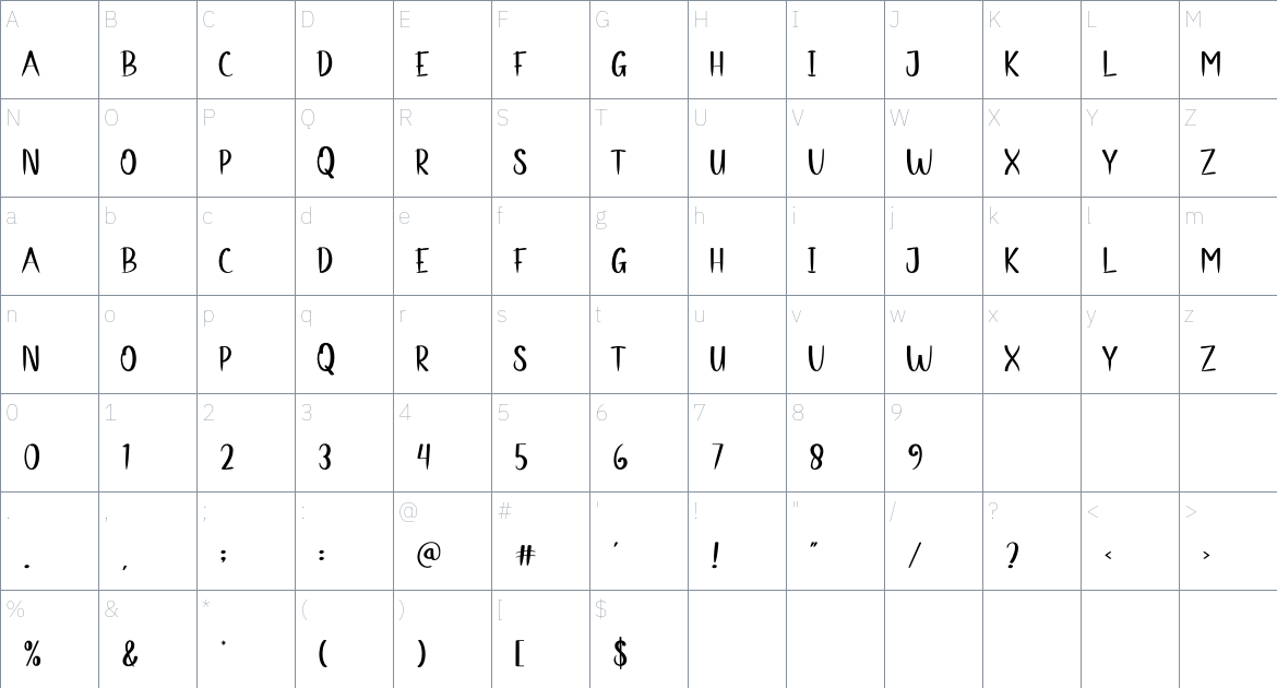 Taper Straight font Character Map