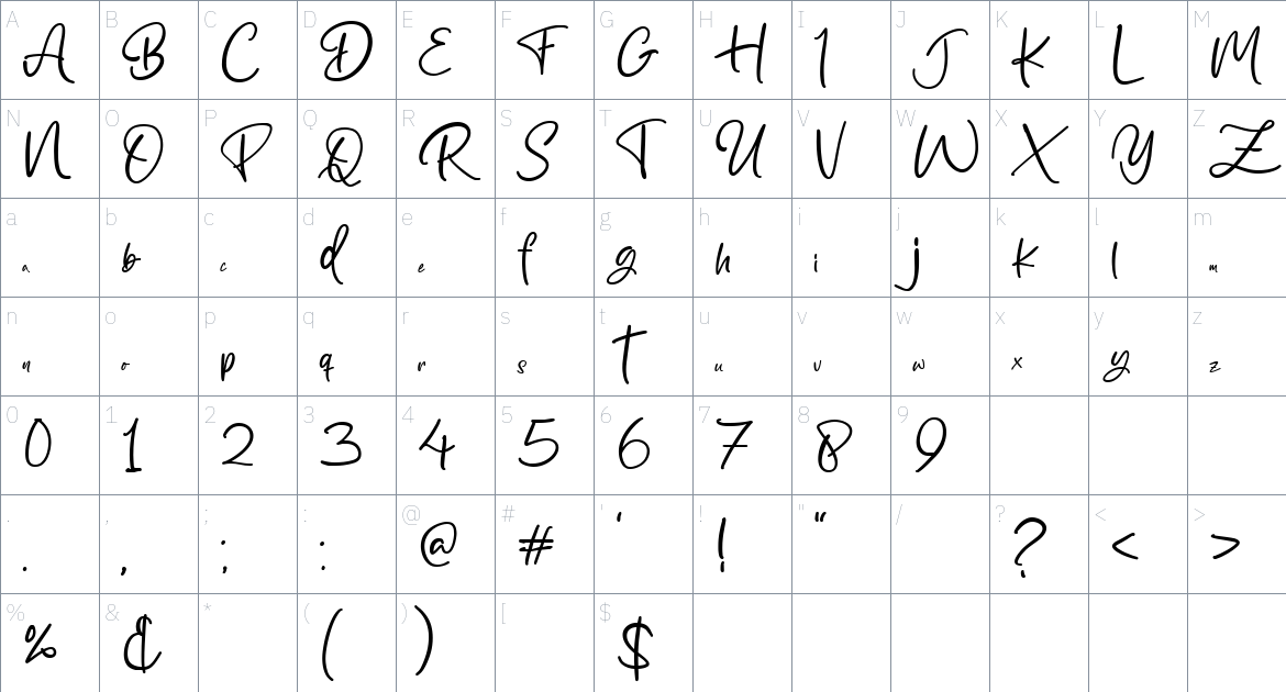 Bilya Signature Font font Character Map