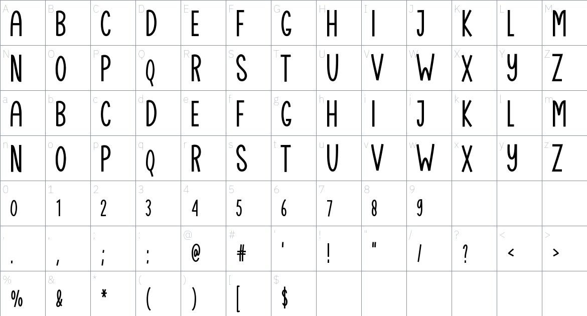 Backhome font Character Map