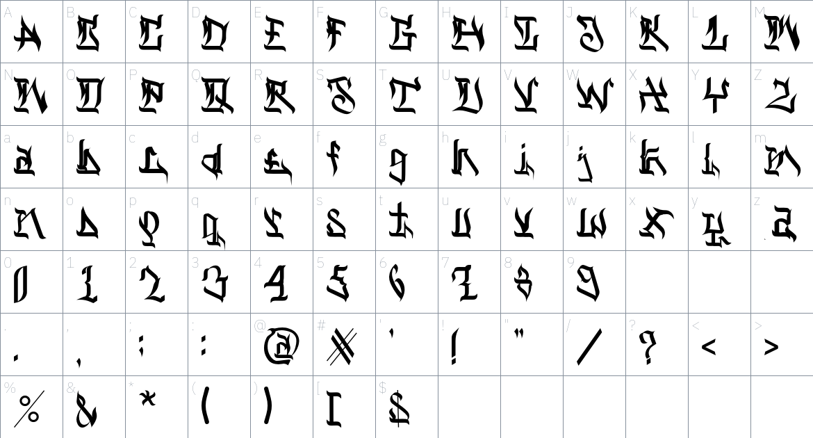 Dark Armor font Character Map