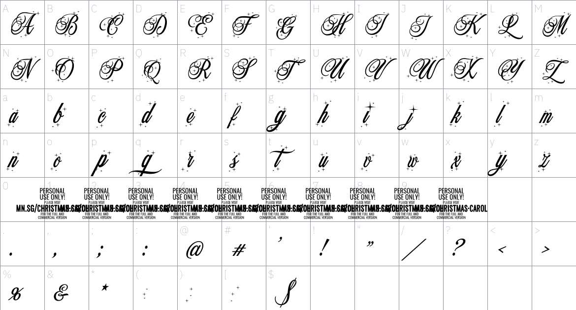 Christmas Carol Star PERSONAL font Character Map