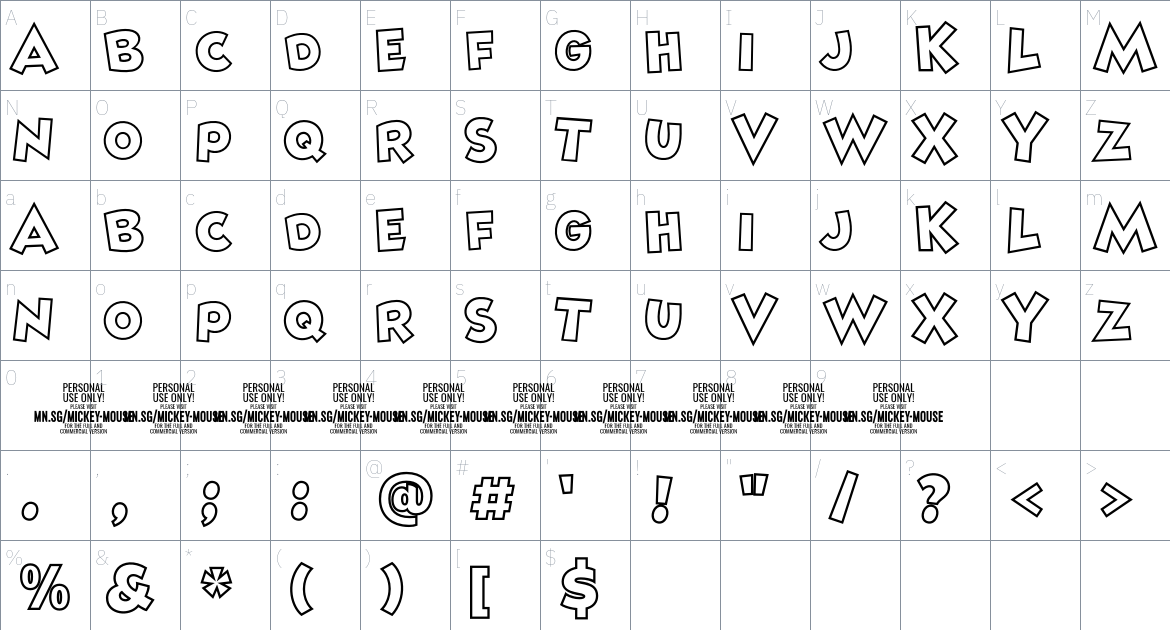 Mickey Mouse Line PERSONAL USE font Character Map