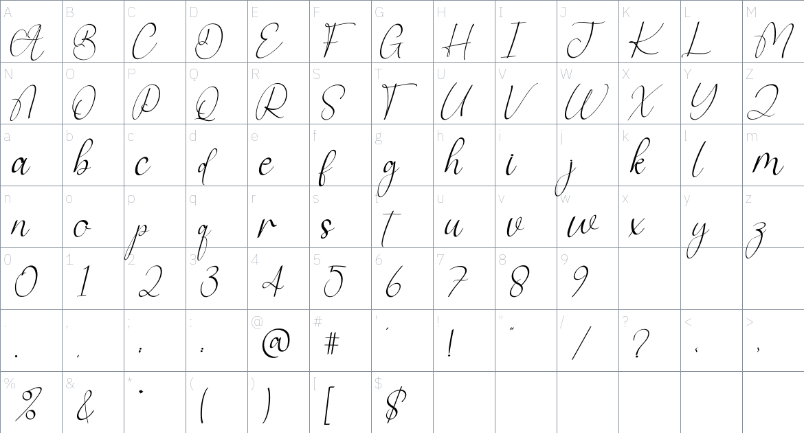 Ainsley Signature font Character Map