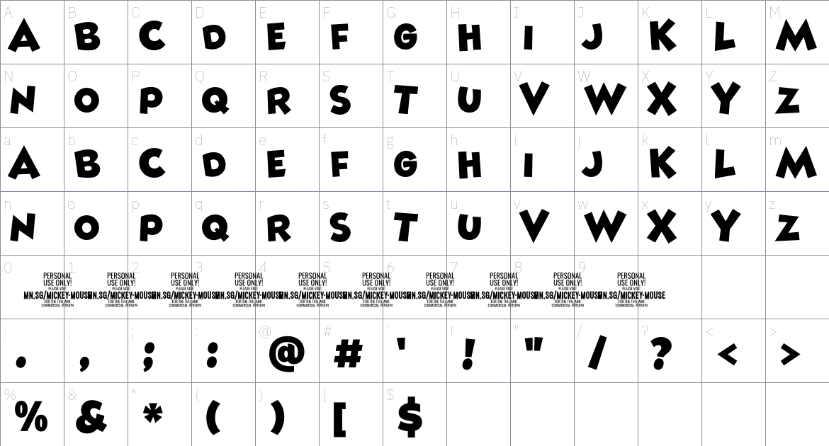 Mickey Mouse PERSONAL USE font Character Map