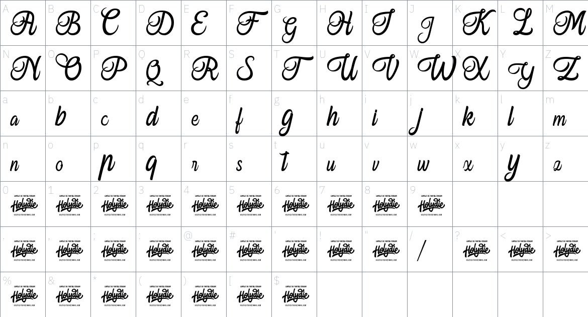 Ferishley Sunshine Script font Character Map