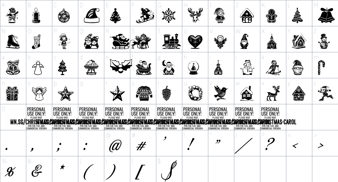 Christmas Carol Symbols font Character Map