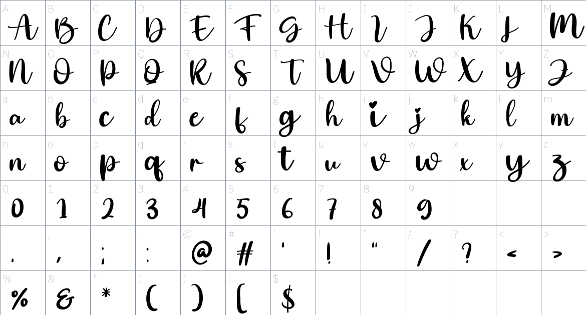 Comming font Character Map