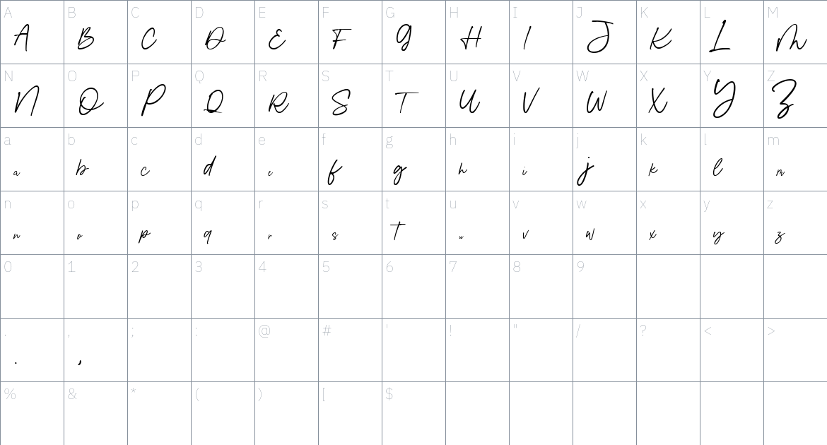 Bellany Signature font Character Map