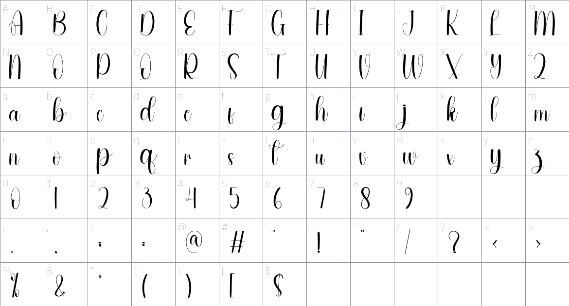 Evening font Character Map