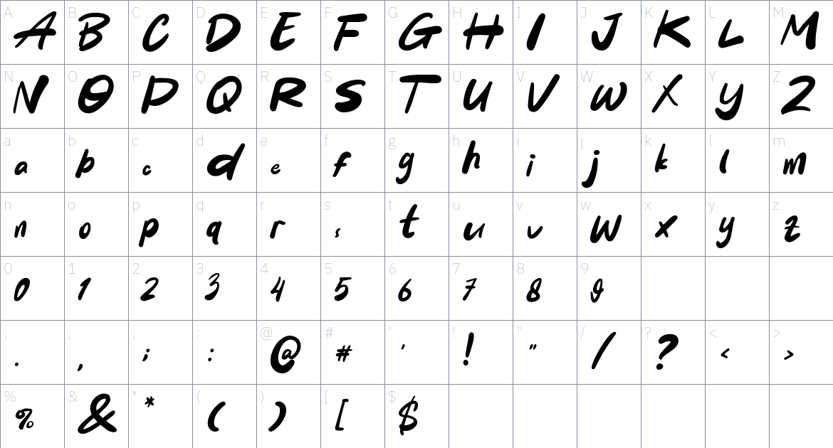 Tuwir font Character Map