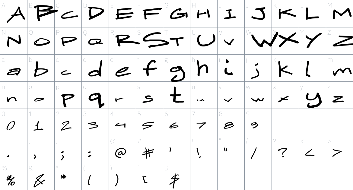 PVF Sincerely Font font Character Map