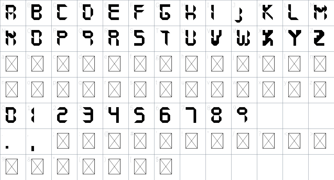 8Digit Pin font Character Map