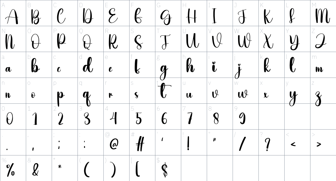 Hooked font Character Map