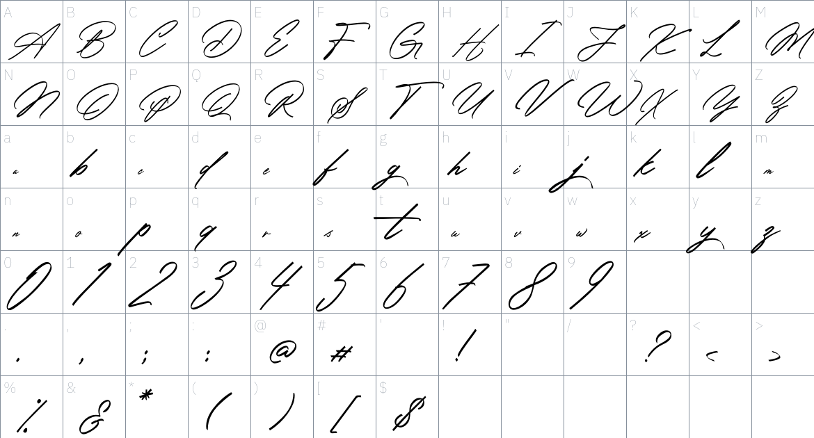 Amsterday Signature font Character Map