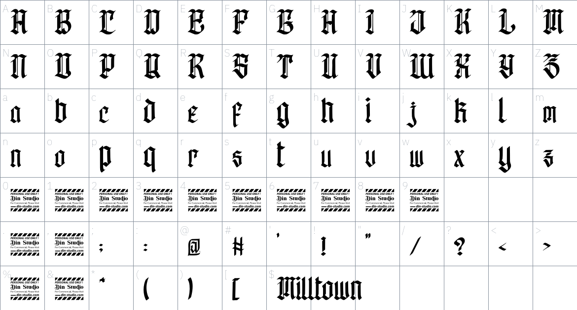 Milltown font Character Map