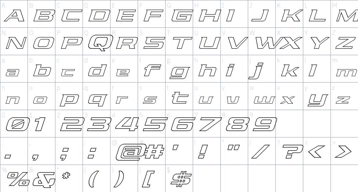 Pro Racing font Character Map