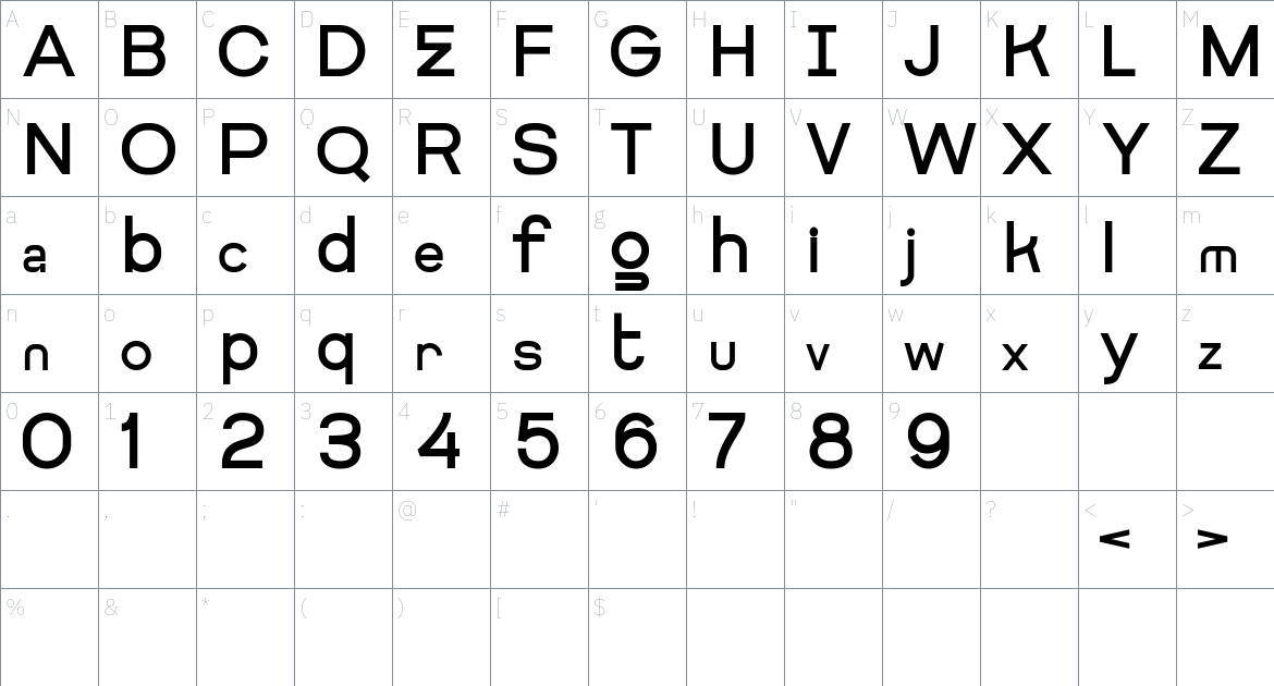 Getboreg font Character Map