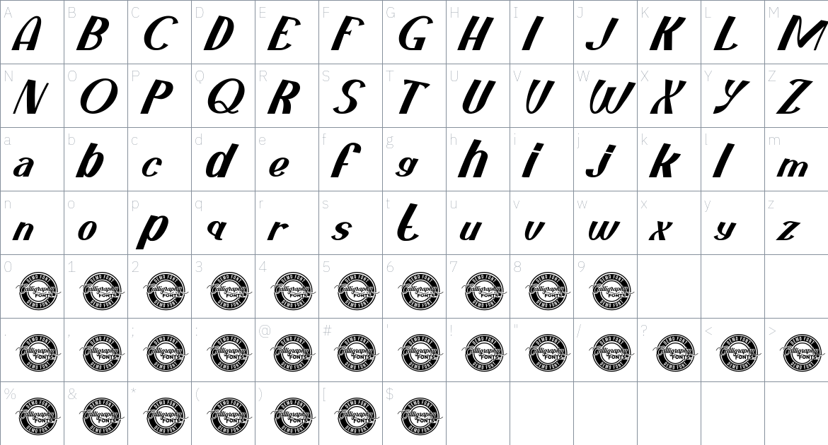 Faint Green font Character Map