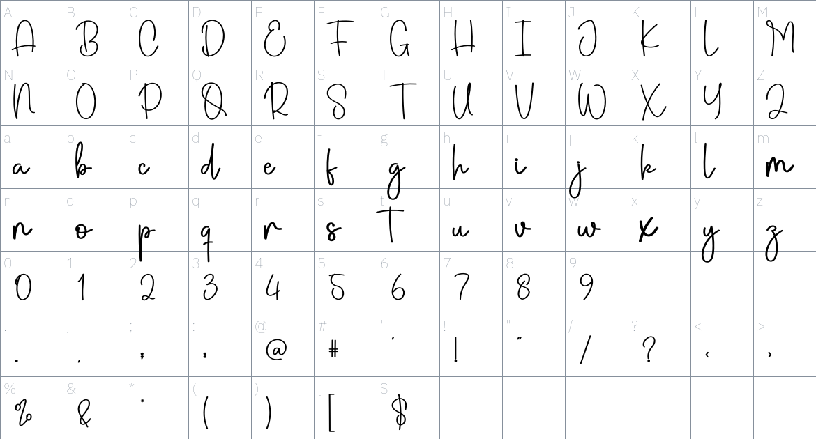 Beauty Hearth font Character Map